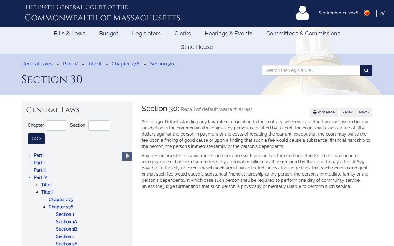 Massachusetts statute setting the Nantucket County default warrant recall fee and waiver