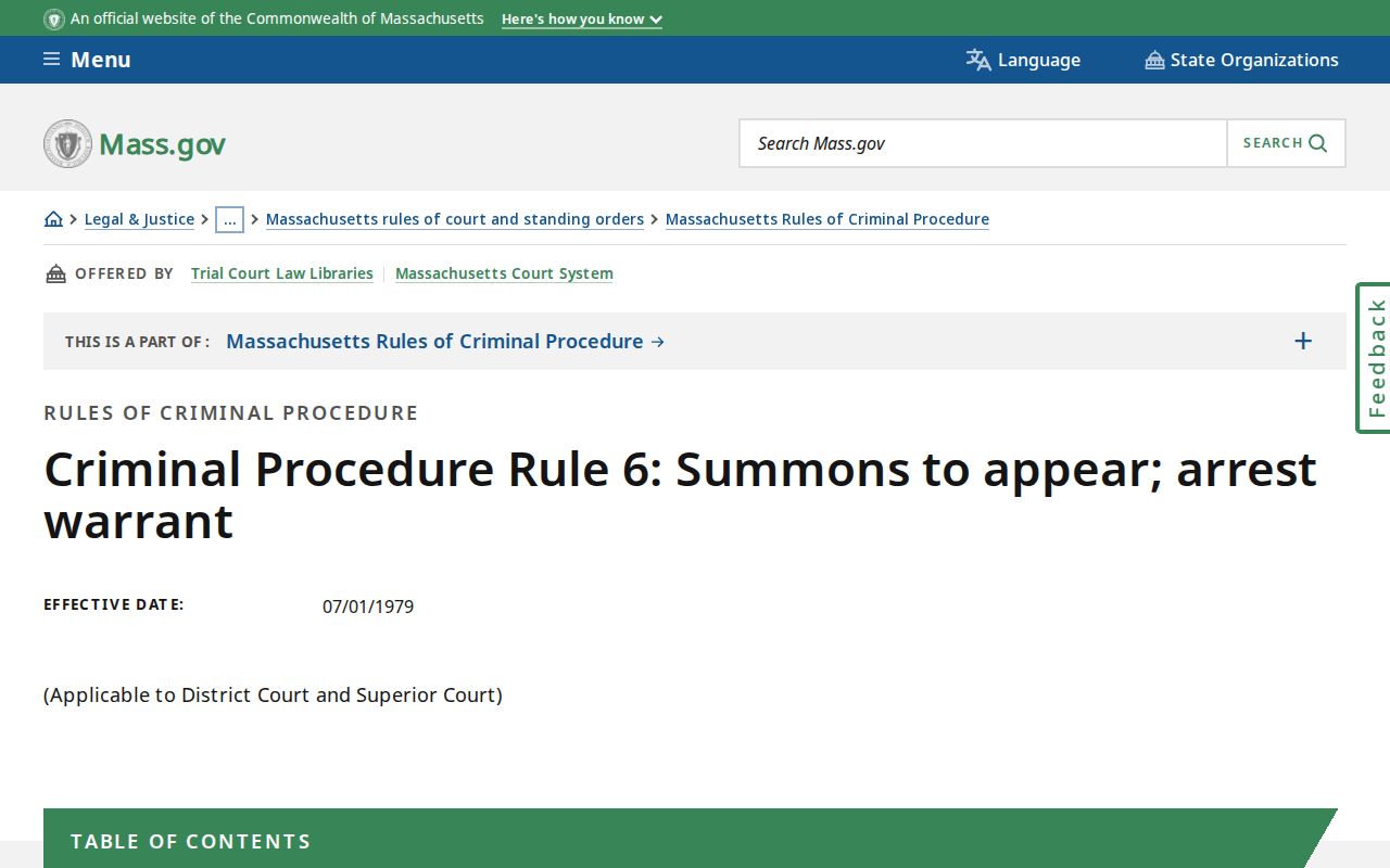 Massachusetts Rule 6 text describing Nantucket County arrest warrant issuance and execution