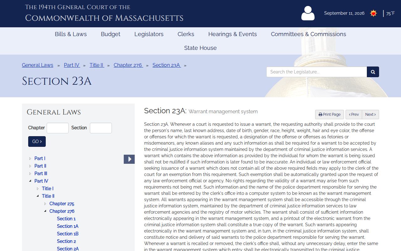 Massachusetts statute listing Nantucket County warrant management system fields and access limits