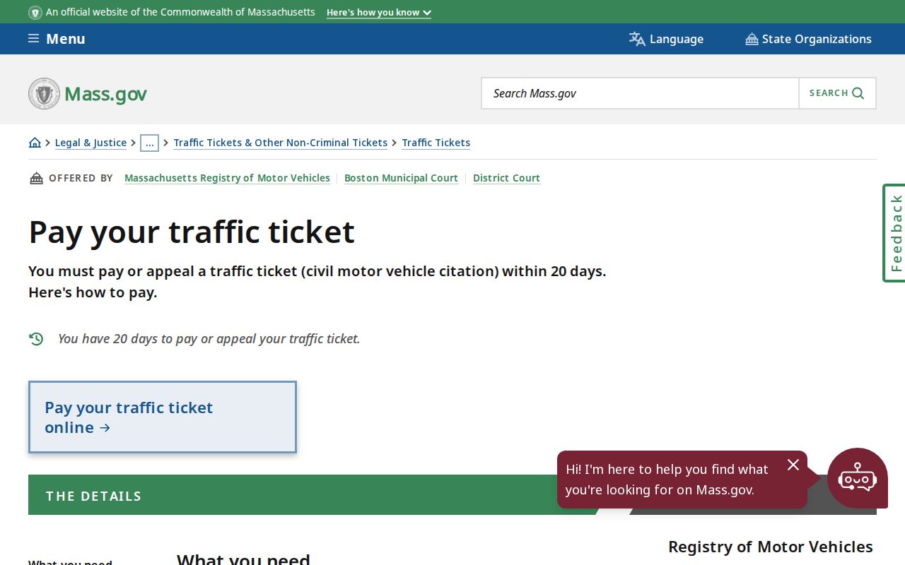 Massachusetts traffic ticket instruction page showing the Nantucket County 20-day pay or appeal window