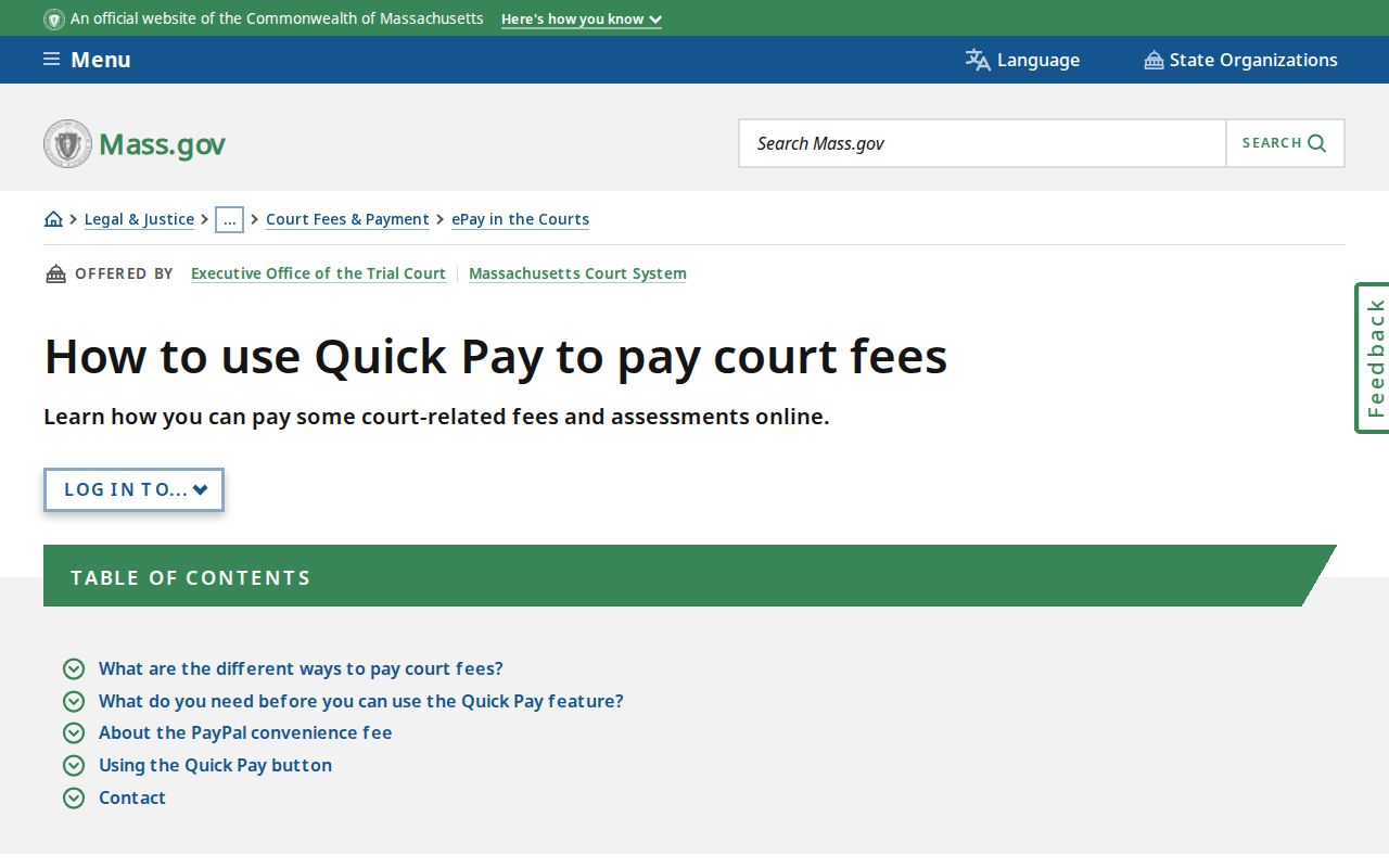 Massachusetts Quick Pay court payment page warning that payment does not remove a warrant