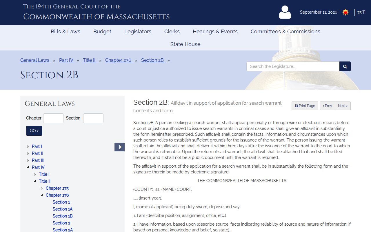 Massachusetts statute on Nantucket County search warrant affidavit access timing